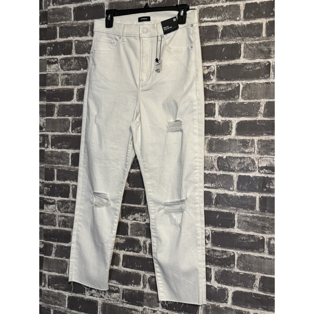 Express White Mom Jean Super High Rise‎ Jeans 8R Raw Hem Distressed NWT - Picture 3 of 8